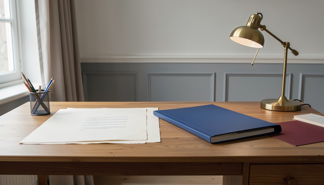 A quiet editorial desk with paper notes and a pencil