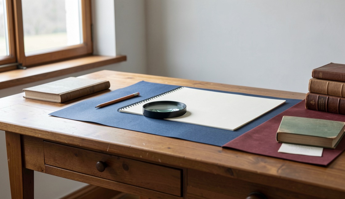A quiet editorial desk with paper notes and a pencil