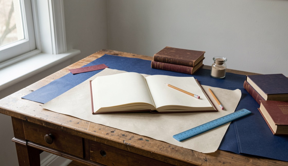 A quiet research table with notes related to Biblical language in Lincoln's speeches