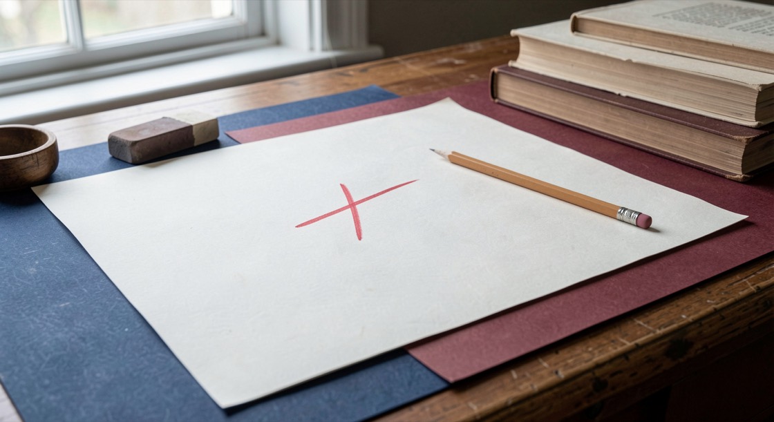 A quiet editorial desk with paper notes and a pencil
