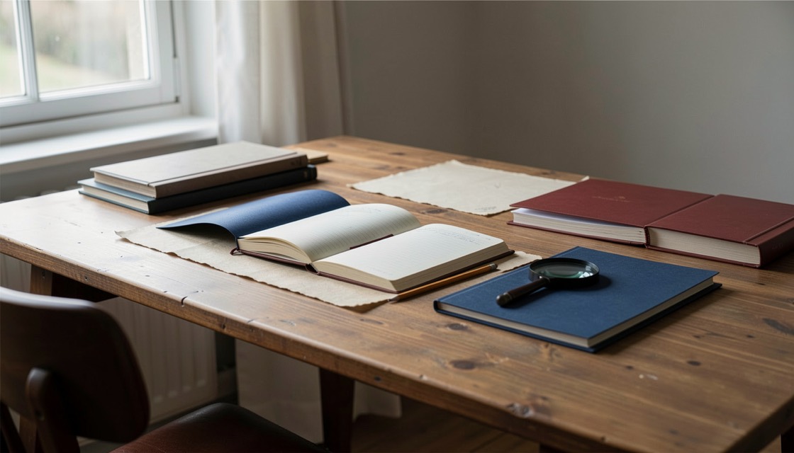 A reading table with an open notebook, a pencil, and archival folders