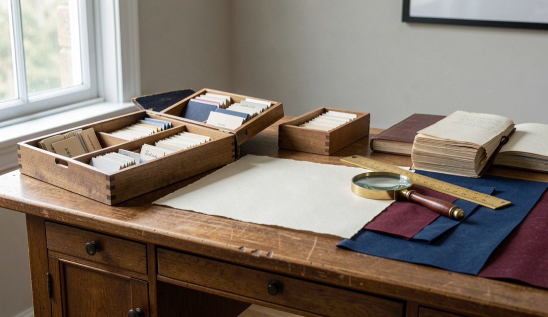 Catalog drawers and source slips arranged for the document index