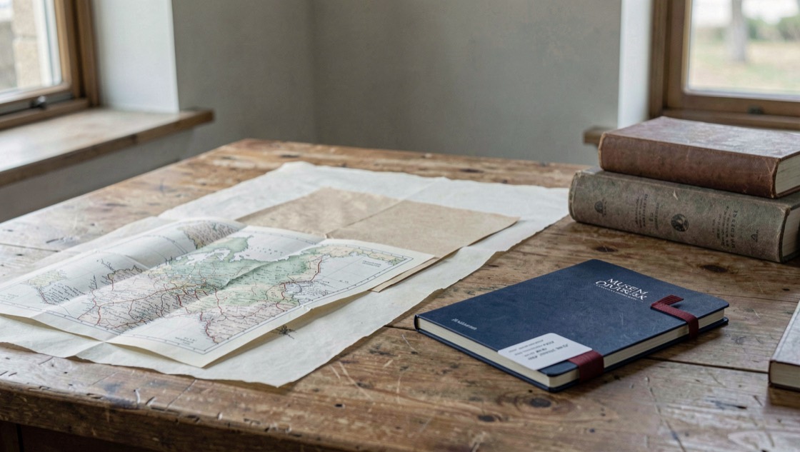 A research still life representing the places route
