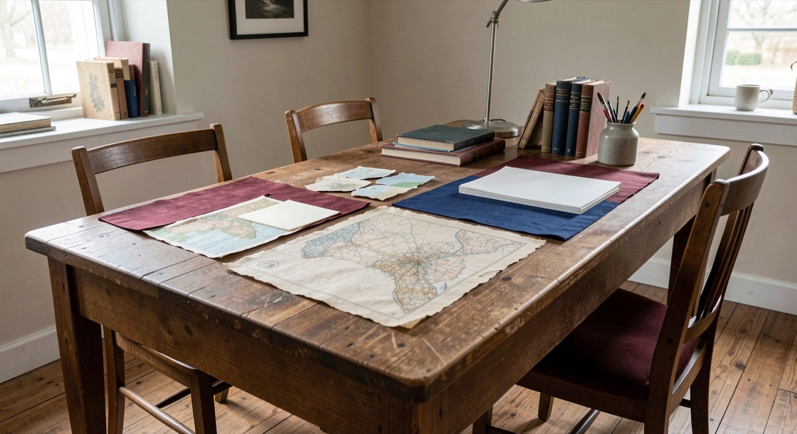 A quiet research table with notes related to Faith communities in Lincoln's Springfield