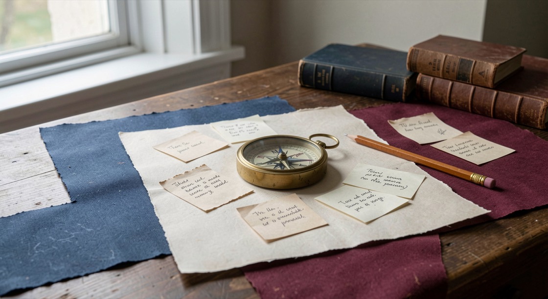 A research still life representing the themes route